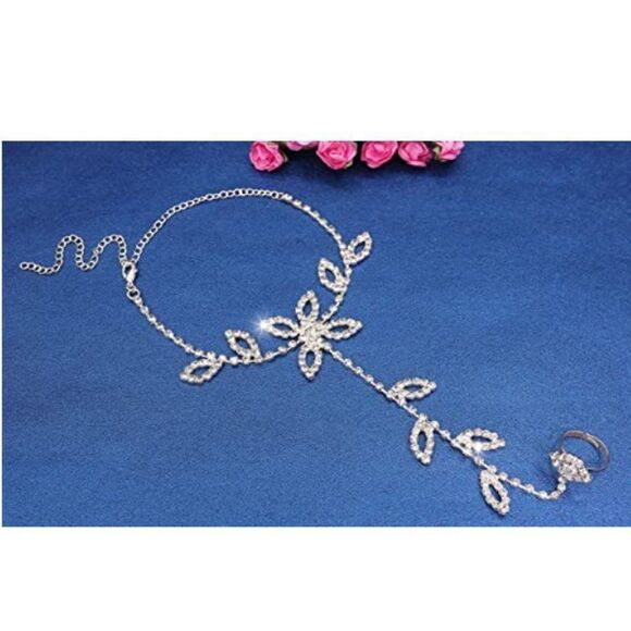 Silver and White Diamond Austrian Crystal Leaf Anklet Foot Chains - Set of 2 - Picture 4 of 5